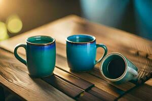 dos azul café tazas en un de madera mesa. generado por ai foto