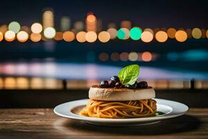 a plate of pasta with a view of the city. AI-Generated photo