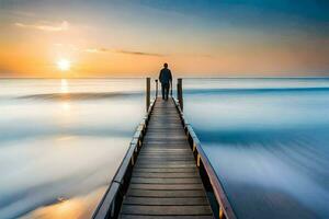 a man standing on a pier looking out at the ocean. AI-Generated photo