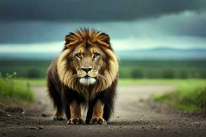 león caminando en el la carretera. generado por ai foto