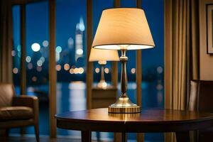 a table with a lamp on it in front of a window. AI-Generated photo