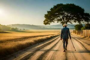 a man in a suit walking down a dirt road. AI-Generated photo