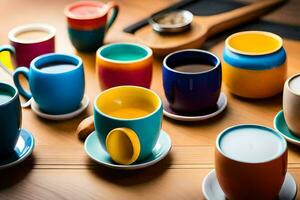 colorful cups and saucers on a table. AI-Generated photo