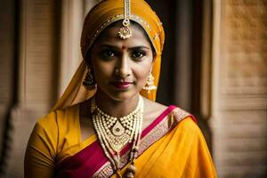 a beautiful indian bride in a yellow sari. AI-Generated photo