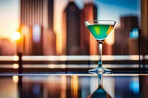 a cocktail glass with a colorful drink on a table in front of a city skyline. AI-Generated photo