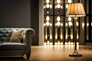 a lamp is sitting on a floor in front of a couch. AI-Generated photo