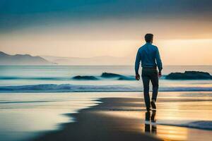 un hombre caminando en el playa a puesta de sol. generado por ai foto