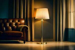 un lámpara es sentado en un mesa siguiente a un sofá. generado por ai foto