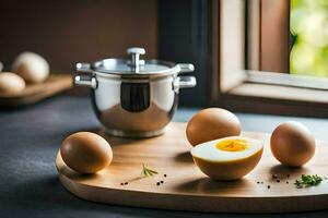 an egg on a cutting board with other eggs. AI-Generated photo