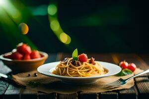 spaghetti with tomatoes and basil on a wooden table. AI-Generated photo