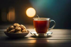 a cup of tea and cookies on a wooden table. AI-Generated photo