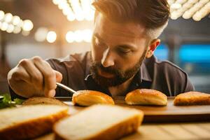 a man is cutting bread on a cutting board. AI-Generated photo