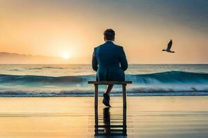 un hombre en un traje se sienta en un banco a el playa. generado por ai foto