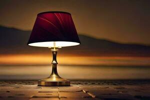 a red lamp on a table in front of a sunset. AI-Generated photo