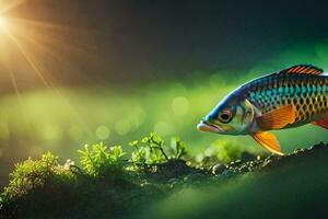 a fish is standing on the grass with the sun shining. AI-Generated photo