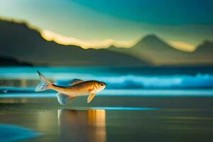 a fish is standing on the beach at sunset. AI-Generated photo