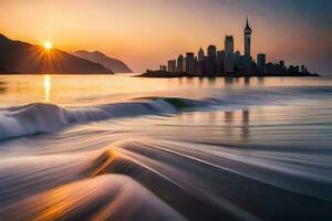 the city skyline is seen in the distance as waves crash into the ocean. AI-Generated photo