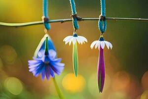 three colorful flowers hang from a wire. AI-Generated photo