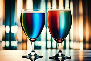 two glasses of colored beer on a table. AI-Generated photo