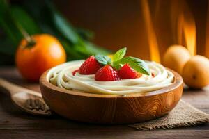 strawberry and cream in a bowl. AI-Generated photo