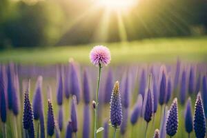 a single flower is in the middle of a field of purple flowers. AI-Generated photo