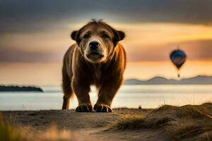 a bear walking on the beach with a hot air balloon in the background. AI-Generated photo