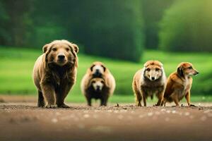 a group of dogs and a bear standing in the middle of a field. AI-Generated photo