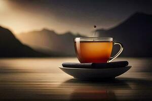 un taza de té en un platillo con montañas en el antecedentes. generado por ai foto