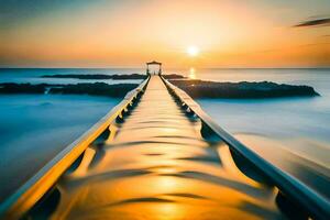 a long exposure photo of a pier at sunset. AI-Generated