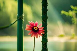 a single pink flower is standing in front of a bamboo pole. AI-Generated photo