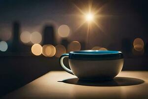 a coffee cup on a table in front of a cityscape. AI-Generated photo