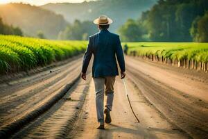 un hombre en un traje y sombrero caminando abajo un suciedad la carretera. generado por ai foto