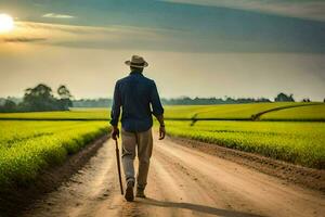 a man walking in a field with a cane. AI-Generated photo