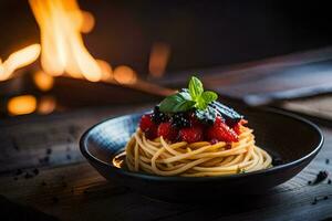 spaghetti with berries and basil on a plate in front of a fire. AI-Generated photo