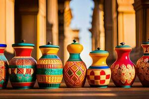a row of colorful vases lined up on a sidewalk. AI-Generated photo