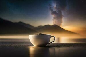 a cup of coffee sits on the ground in front of a mountain. AI-Generated photo