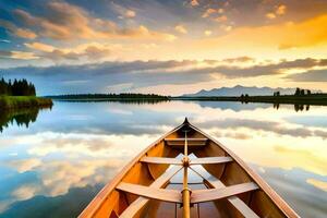 a canoe is floating on a calm lake at sunset. AI-Generated photo