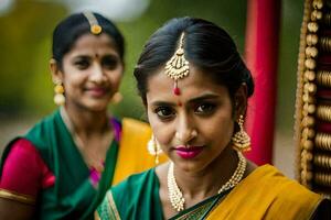 dos mujer en tradicional sari actitud para el cámara. generado por ai foto
