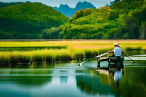 un hombre remo un barco en un río con verde césped. generado por ai foto