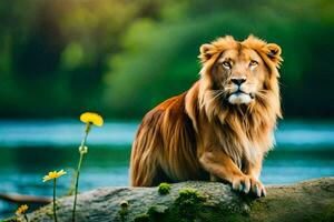 un león sentado en un rock por un río. generado por ai foto