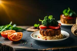 a plate with spaghetti and vegetables on it. AI-Generated photo