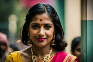 a woman in a sari with gold jewelry. AI-Generated photo