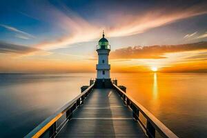a lighthouse stands on a pier at sunset. AI-Generated photo