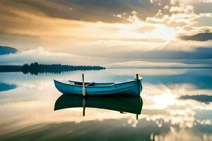 un barco es flotante en el agua a puesta de sol. generado por ai foto