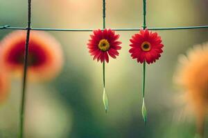 two red flowers hanging from a wire. AI-Generated photo