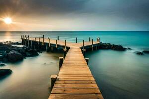 a wooden pier stretches out into the ocean at sunset. AI-Generated photo