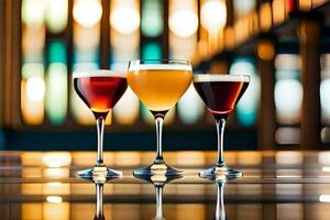 three different types of alcoholic drinks are shown on a bar. AI-Generated photo