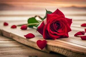 a single red rose is on a wooden table with hearts scattered around it. AI-Generated photo