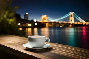 a cup of coffee on a wooden table in front of a bridge. AI-Generated photo