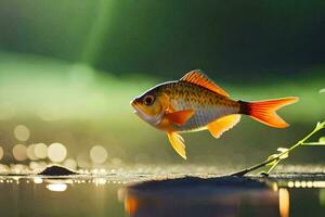 a fish is standing on the water with a leaf. AI-Generated photo